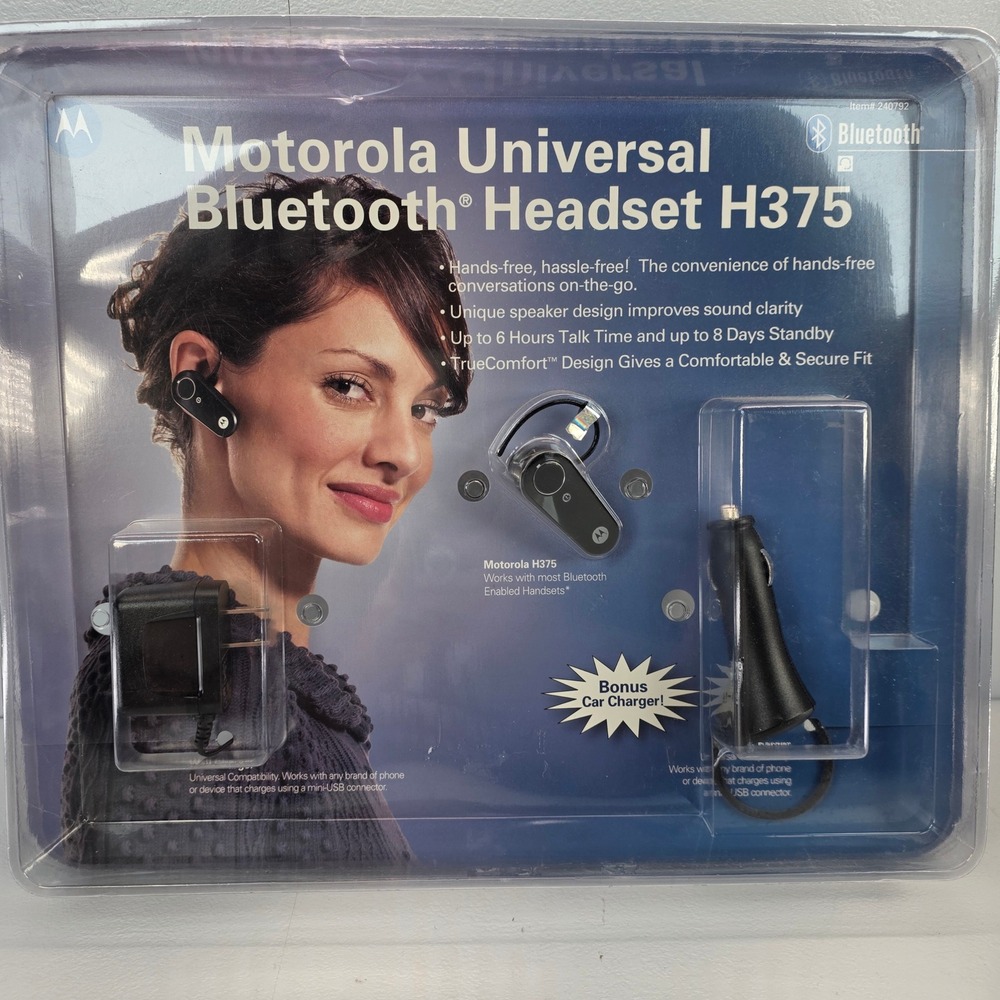 VTG Motorola Universal Bluetooth Headset H375 Hands Free‎ Car Charger NOS